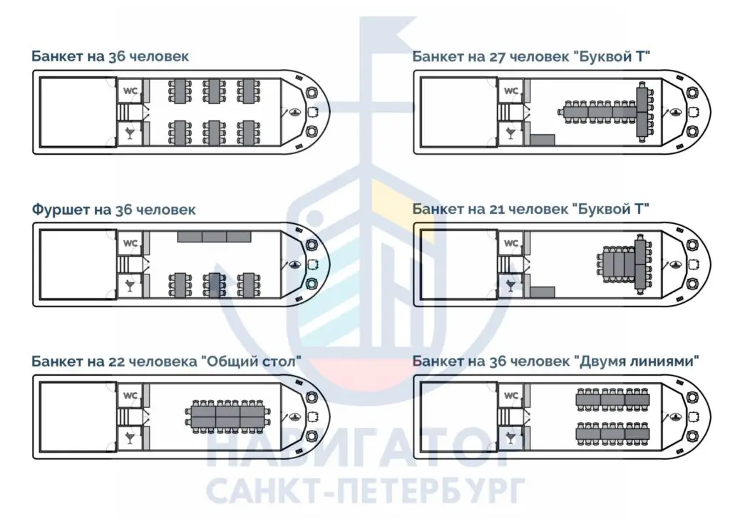 Теплоход Альта, расстановка столов, банкетная и фуршетная рассадка.