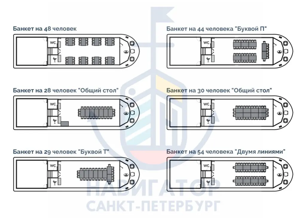Теплоход Самсон, расстановка столов, банкетная и фуршетная рассадка.